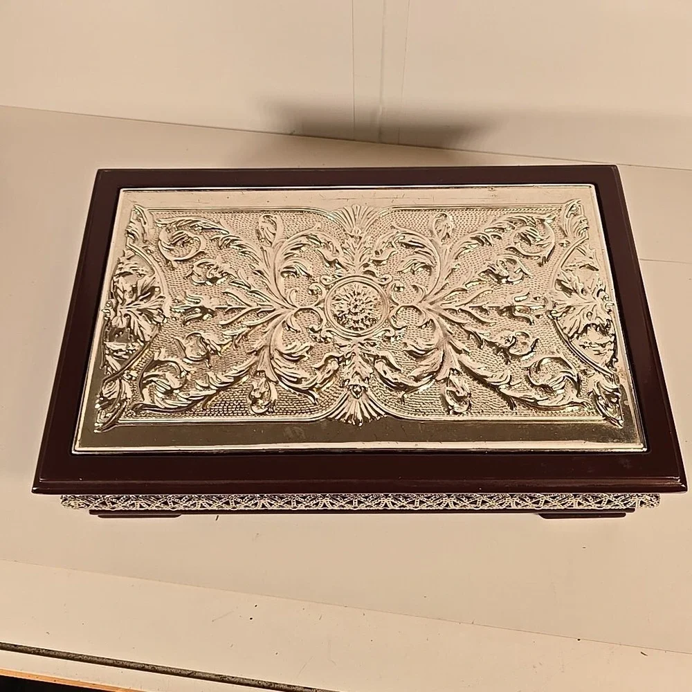 Royal‎ England Intricate Metal Flower Design On Wood Jewelry/trinket Box 12x8x4